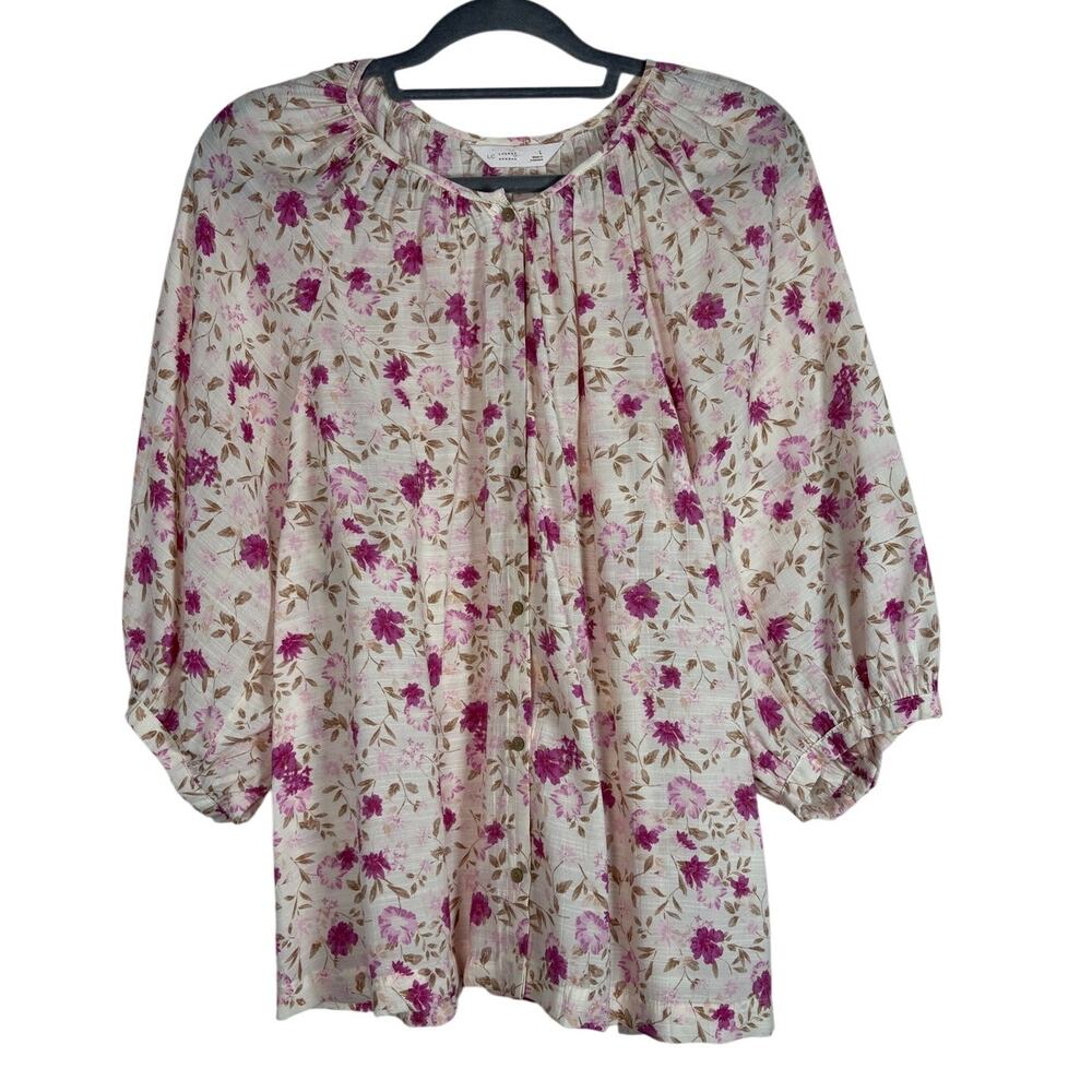 LC Lauren Conrad Floral Puff Sleeve Blouse Top Pink White Cottagecore Boho L